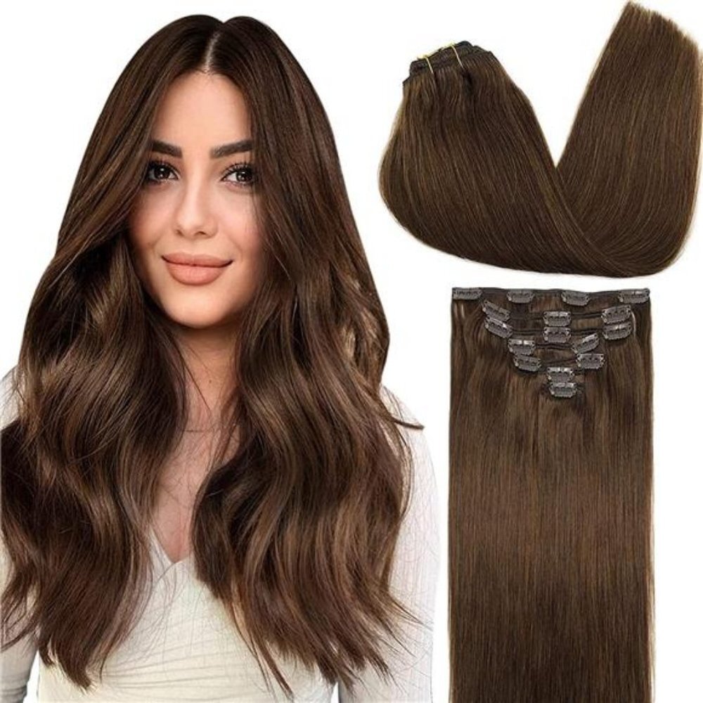 Clip-in Hair Extensions for Women, Chocolate Brown, #4, 7pcs 120g 14 inches